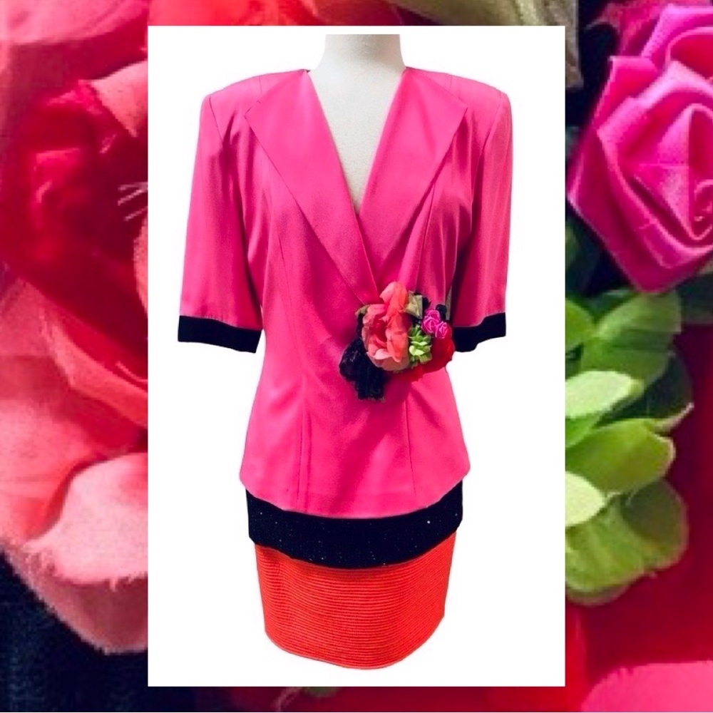VTG 80’s LIANCARLO 4ply Silk Pink Orange Black Glitter Cocktail Dress 8